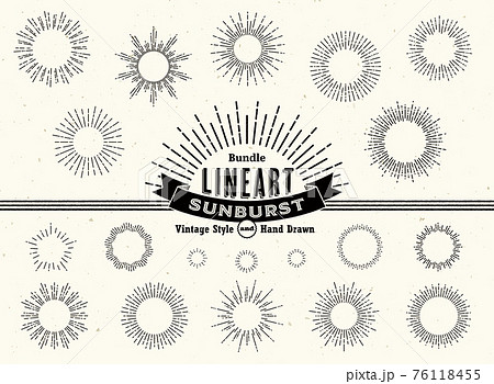レトロな円形、放射状の飾り罫。シンプルな手書きのフレーム。ラインアート。レトロなデザインに最適。 76118455