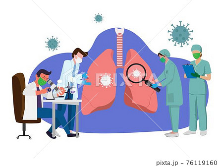 A group of doctors examining the lungs affected by the coronavirus. Vector illustration in cartoon style 76119160