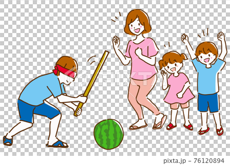 一個年輕家庭玩西瓜分裂的線描插圖 76120894