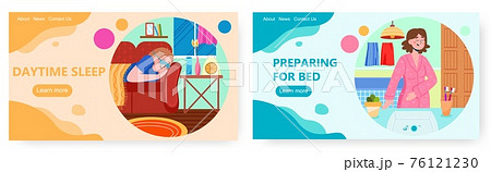 Healthy sleep landing page design, website banner vector template set. Preparing for going to bed. 76121230