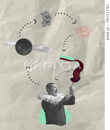 Contemporary art collage. Medieval man as a royalty person in vintage clothing. Contemporary art collage. Medieval man as a royalty person in vintage clothing. 76121792