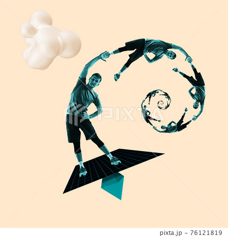 Modern art collage. Young athletic man isolated over light background. Modern art collage. Young athletic man isolated over light background. 76121819