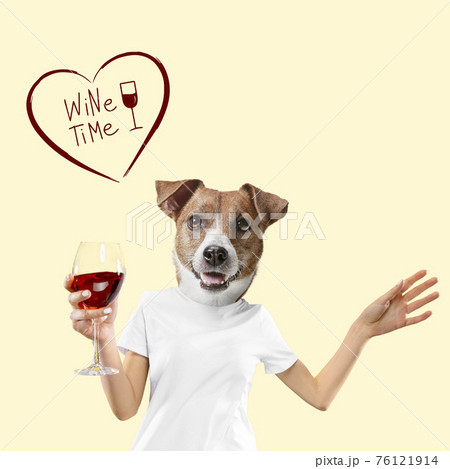Contemporary artwork, conceptual collage. Woman headed by dog head. Trendy colors. Contemporary artwork, conceptual collage. Woman headed by dog head. Trendy colors. 76121914