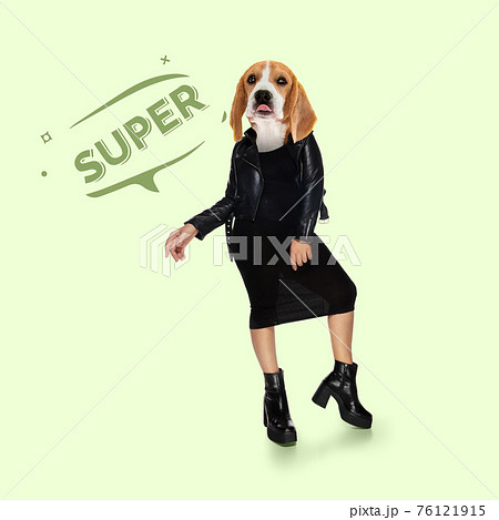 Contemporary artwork, conceptual collage. Woman headed by dog head. Trendy colors. Contemporary artwork, conceptual collage. Woman headed by dog head. Trendy colors. 76121915
