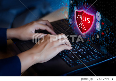 Press enter button on the keyboard computer Protective shield virus red Exclamation Warning Caution Computer in dark with word virus Press enter button on the keyboard computer Protective shield virus red Exclamation Warning Caution Computer in dark with word virus 76124413