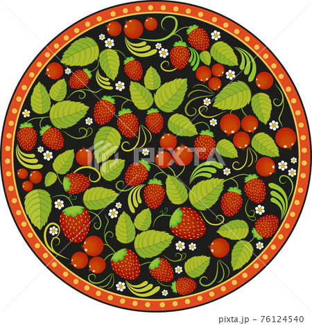 Hohloma round pattern on a black background Hohloma round pattern on a black background 76124540