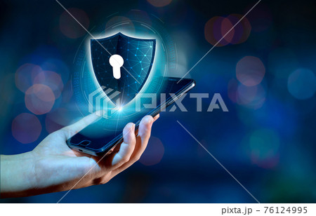Shield Internet phone Smartphone is protected from hacker attacks, Firewall Businesspeople press the protected phone on the internet. space put message 76124995