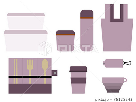 イラスト素材:使い捨てをしないための、持ち運び用のエコ・リユース素材のセット イラスト素材:使い捨てをしないための、持ち運び用のエコ・リユース素材のセット 76125243