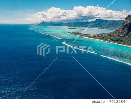 Le morne mountain and lagoon in Mauritius. Aerial view 76125344