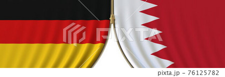 Flags of Germany and Bahrain and closing or opening zipper between them. Political negotiations or interaction conceptual 3D rendering 76125782
