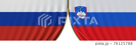 Russia and Slovenia political cooperation or conflict, flags and closing or opening zipper, conceptual 3D rendering 76125788