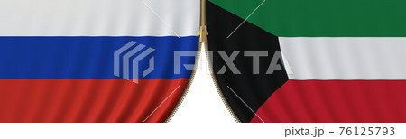 Russia and Kuwait political cooperation or conflict, flags and closing or opening zipper, conceptual 3D rendering 76125793
