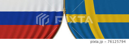 Russia and Sweden political cooperation or conflict, flags and closing or opening zipper, conceptual 3D rendering 76125794