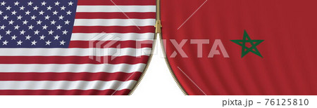 United States and Morocco political cooperation or conflict, flags and closing or opening zipper, conceptual 3D rendering 76125810