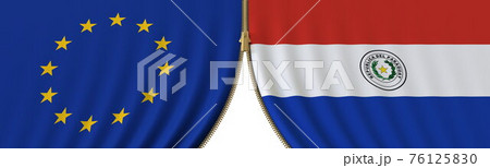 Flags of the EU and Paraguay and closing or opening zipper between them. Political negotiations or interaction conceptual 3D rendering Flags of the EU and Paraguay and closing or opening zipper between them. Political negotiations or interaction conceptual 3D rendering 76125830