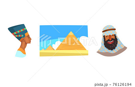 Famous Symbols of Ancient Egypt, Bust of Nefertiti, Egyptian Great Pyramid, Bedouin Cartoon Vector Illustration Famous Symbols of Ancient Egypt, Bust of Nefertiti, Egyptian Great Pyramid, Bedouin Cartoon Vector Illustration 76126194
