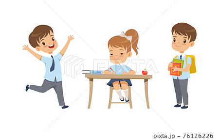Cute Kids Studying at School Set, Elementary School Students in School Uniform During Lesson Cartoon Vector Illustration Cute Kids Studying at School Set, Elementary School Students in School Uniform During Lesson Cartoon Vector Illustration 76126226