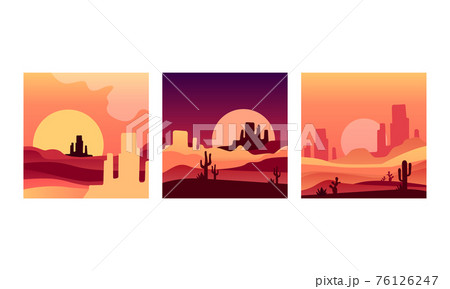 Desert Landscape at Sunset Set, Beautiful Nature Scenery with Cactus and Hills Silhouettes Vector Illustration 76126247