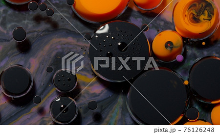 Top view movement of black orange oil ink drops bubbles, multicolored artistic paint background 76126248