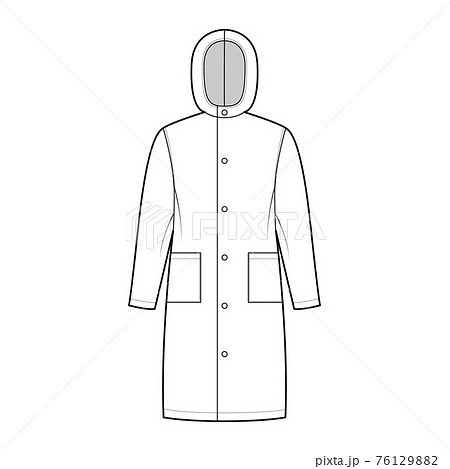Slicker coat Sou'wester technical fashion illustration with long sleeves, patch pockets, oversized body, knee length. 76129882