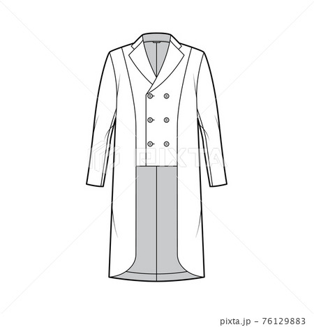 Horse riding jacket tuxedo technical fashion illustration with double breasted, long sleeve, peaked collar, low high hem 76129883