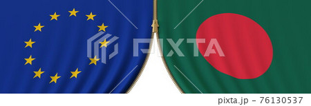 EU and Bangladesh political cooperation or conflict, flags and closing or opening zipper, conceptual 3D rendering 76130537