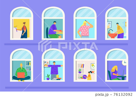 People in building house, vector illustration. Man woman person character in home apartment flat window concept. Carton quarantine day People in building house, vector illustration. Man woman person character in home apartment flat window concept. Carton quarantine day 76132092