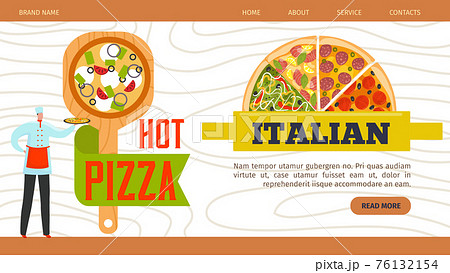 Pizza web banner, restaurant website vector illustration. Italian pizzeria food design, tasty cafe menu background template page. Fast food 76132154