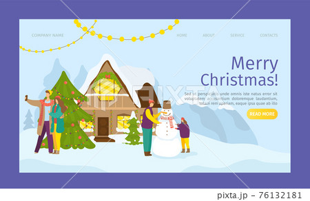 Winter holiday, merry christmas banner, vector illustration. Man woman people character play with cold snow outside, house at background. 76132181