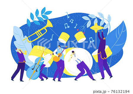 Jazz band with cartoon instruments at musical festival concert concept, vector illustration. Musician people character play at saxophone, trumpet 76132194