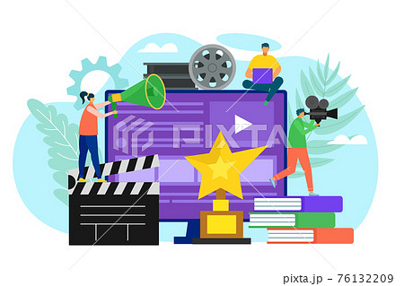 Film shooting technology at screen, professional movie production by camera, vector illustration. Cinema entertainment in studio concept Film shooting technology at screen, professional movie production by camera, vector illustration. Cinema entertainment in studio concept 76132209