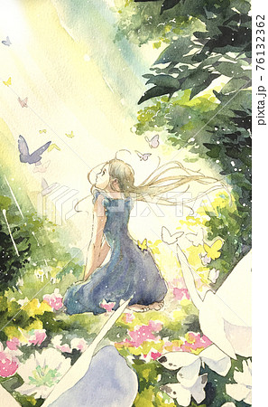 森の中 蝶々と女の子の水彩イラストのイラスト素材