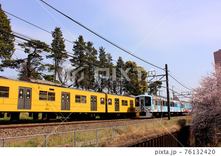 桜並木ですれ違う上り電車と下り電車 桜並木ですれ違う上り電車と下り電車 76132420