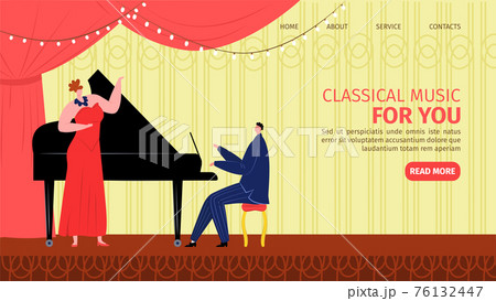 Classical piano music, singer with microphone landing page, vector illustration. Man woman people musician character art cartoon entertainment. 76132447