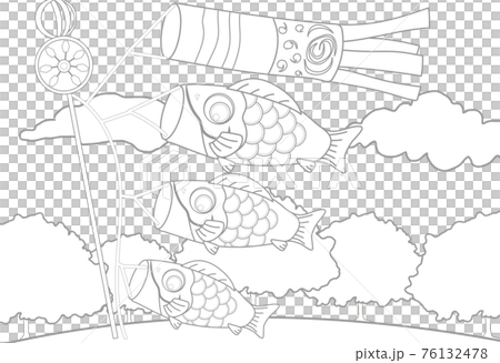 こいのぼりの吹き流しと夫婦と子供のイラストのぬり絵 76132478