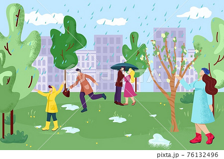 Rain in city park, people character use umbrella, vector illustration. Autumn outdoor walk, young cartoon man woman at season nature 76132496