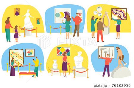 Museum exhibition, set vector illustration. Adult people, children charcater spend leisure time in historical, modern museum. 76132956
