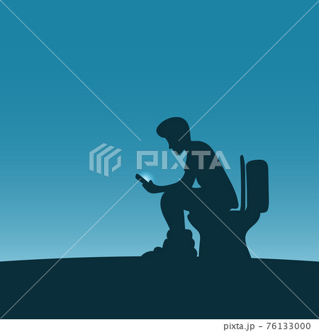 man sitting on toilet bowl and using smartphone for long time in blue gradient shade. Health concept. 76133000