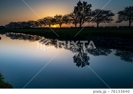 晴天から夕焼けの春うららの田舎の桜が川面に映る風景 晴天から夕焼けの春うららの田舎の桜が川面に映る風景 76133640