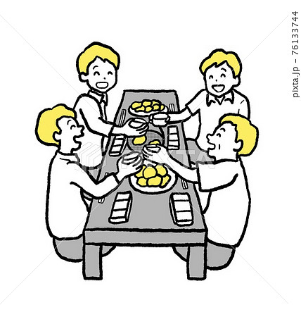 焼肉で飲み会をするビジネスマンのイラストのイラスト素材