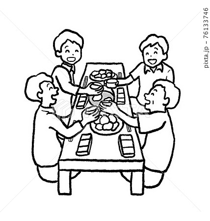 焼肉で飲み会をするビジネスマンの線画イラストのイラスト素材 焼肉で飲み会をするビジネスマンの線画イラストのイラスト素材