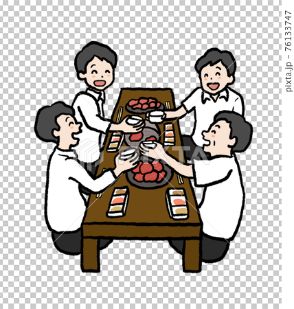 焼肉で飲み会をするビジネスマンのイラストのイラスト素材