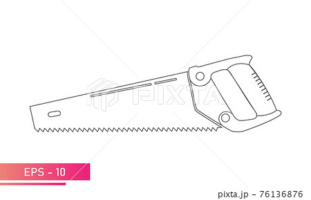 A large, comfortable wood saw. Linear design. On a white background. Carpenter tools. Flat vector illustration. A large, comfortable wood saw. Linear design. On a white background. Carpenter tools. Flat vector illustration. 76136876