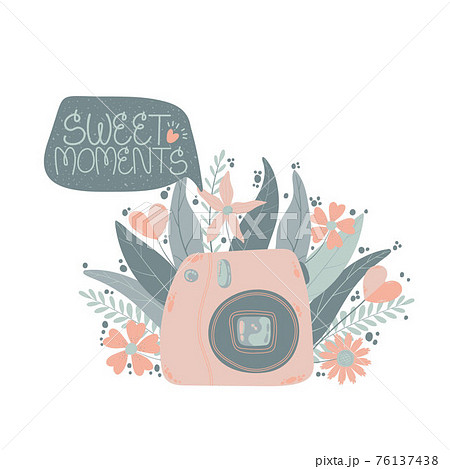 Cute instant photo camera with flowers and leaf with speech bubble with quote sweet moments in flat cartoon style. Vector hand drawn illustration of digital camera on white background with slogan. Cute instant photo camera with flowers and leaf with speech bubble with quote sweet moments in flat cartoon style. Vector hand drawn illustration of digital camera on white background with slogan. 76137438