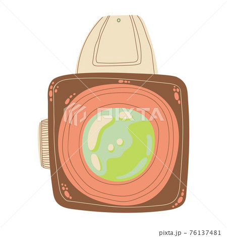 Cute retro photo camera icon in cartoon flat design. Old style camera with battery grip clip art in doodle style. Vector illustration isolated on white background. 76137481