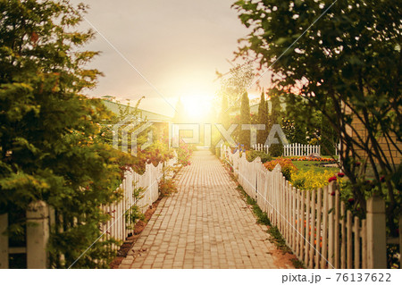 Sidewalk between cottages and gardens to rising sun. Sidewalk between cottages and gardens to rising sun. 76137622