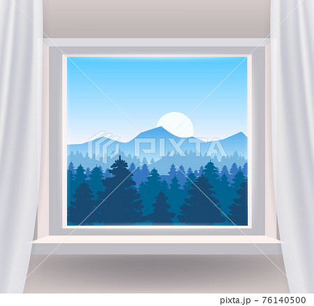 Open window interior home with a forest landscape view nature. Country mountains landscape from view the window of trees panorama. Vector illustration Open window interior home with a forest landscape view nature. Country mountains landscape from view the window of trees panorama. Vector illustration 76140500
