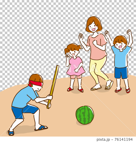 一個年輕家庭快樂地玩西瓜分裂的線描插圖 76141194