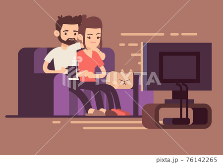 Relaxed Happy Young Couple Watching Tv At Home のイラスト素材