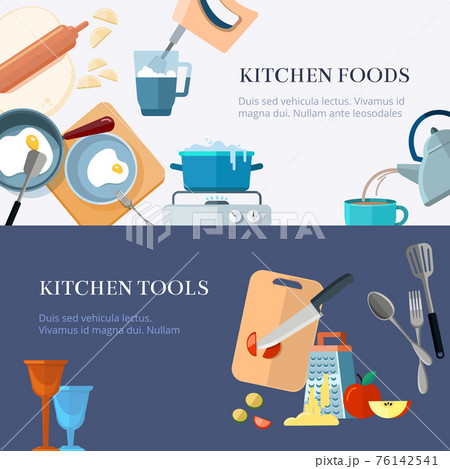 Kitchen utensils, cooking, home made food, kitchenware banners set Kitchen utensils, cooking, home made food, kitchenware banners set 76142541